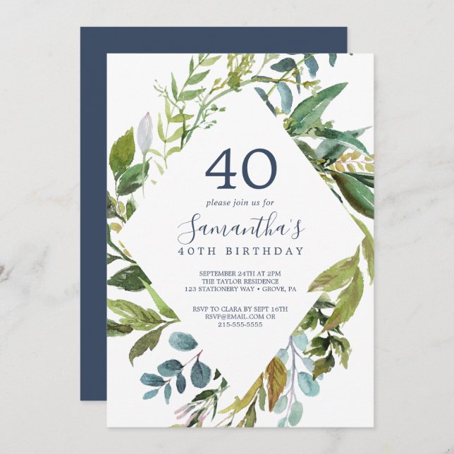 Invitación Verdor Verano Diamante Wreath 40 cumpleaños (Anverso / Reverso)