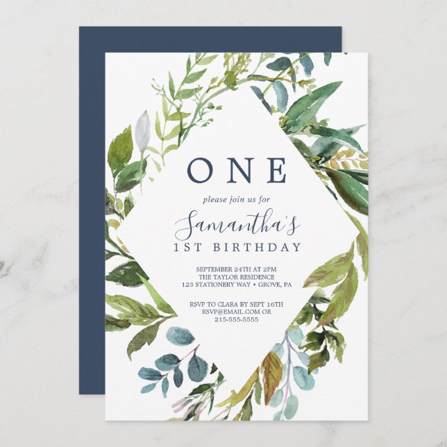 Invitación Verdor Verano Diamond Wreath primer cumpleaños (Anverso / Reverso)