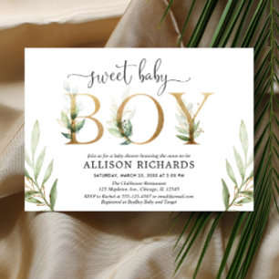 Invitación Verdor verde y dorado, moderna ducha de bebé