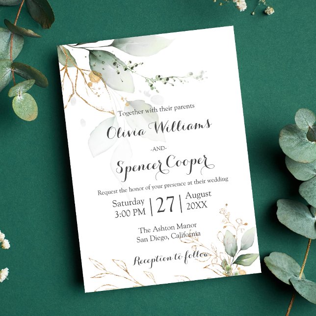 Invitación Verdor Verde y Oro Naturaleza Verde Floral Boda (Subido por el creador)