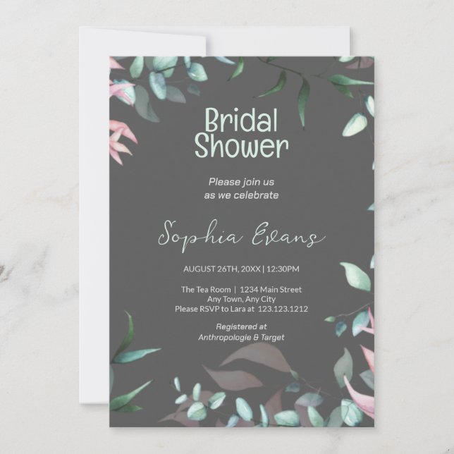 Invitación Verdor verde y rosa, ducha de novia gris (Anverso)