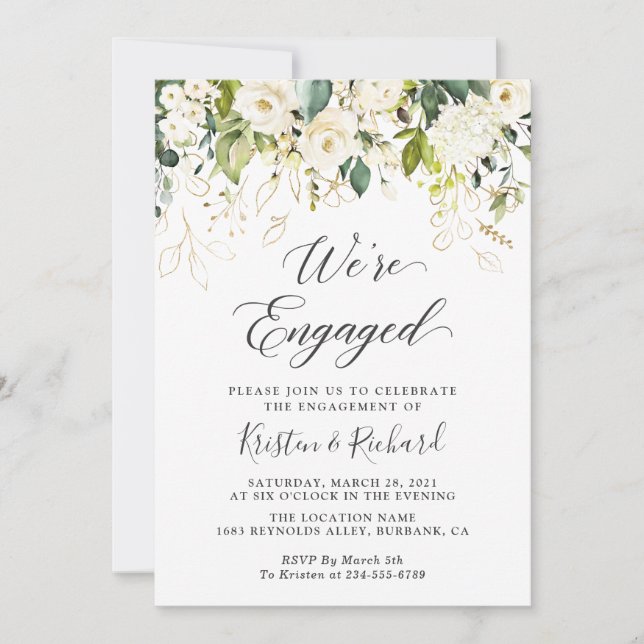Invitación Verdor White Roses Gold Floral Engagement Party (Anverso)