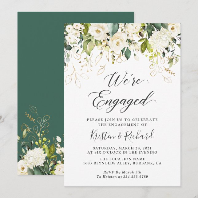 Invitación Verdor White Roses Gold Floral Engagement Party (Anverso / Reverso)