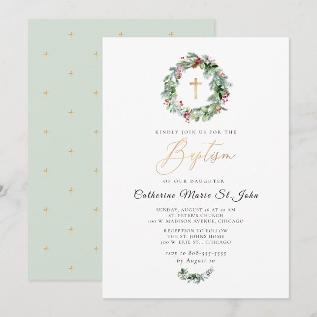 Invitación Verdor Wreath Faux Gold Baptism (Anverso / Reverso)