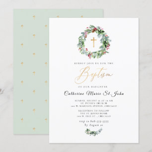 Invitación Verdor Wreath Faux Gold Baptism