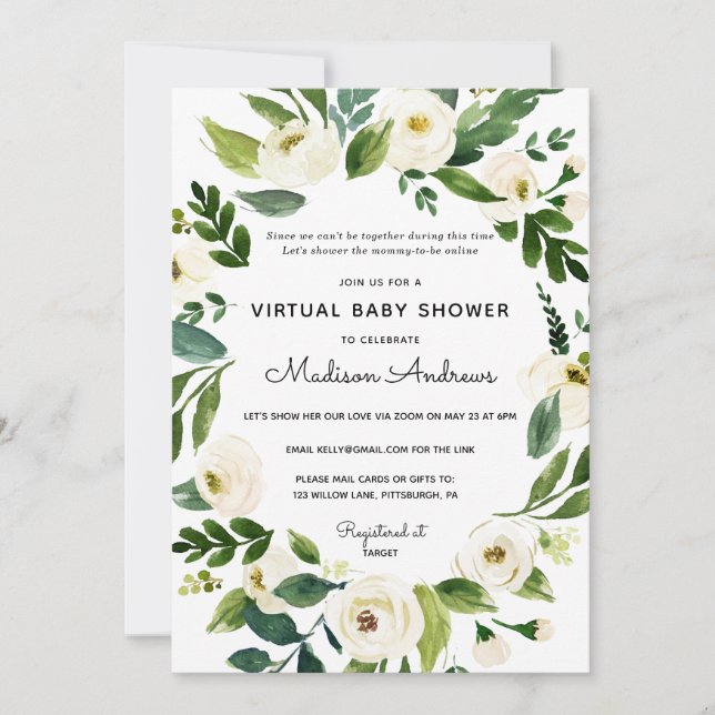 Invitación Verdor y Baby Shower virtual floral blanca (Anverso)