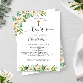 Invitación Verdor y bautismo floral blanco, dorado y amarillo