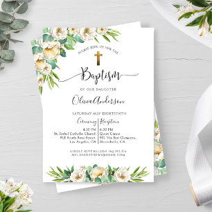 Invitación Verdor y bautismo floral blanco, dorado y amarillo
