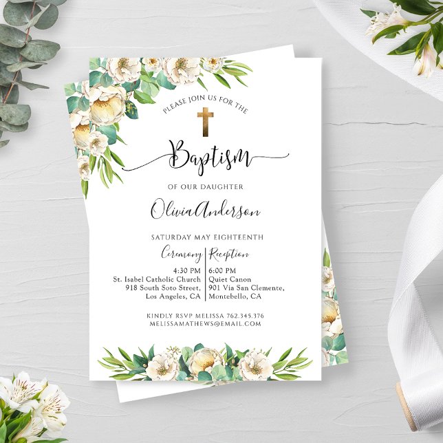 Invitación Verdor y bautismo floral blanco, dorado y amarillo (Subido por el creador)