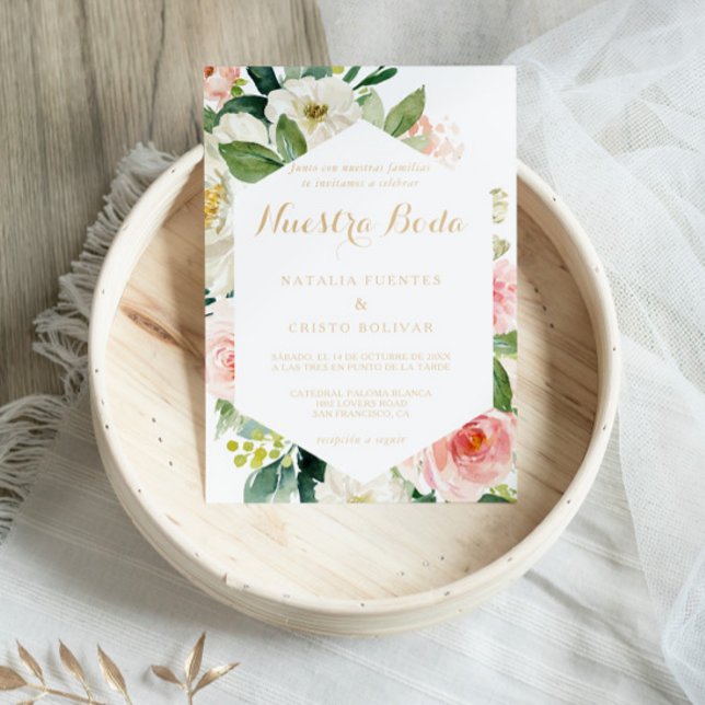 Invitación Verdor y Boda español elegante geométrico de oro (Subido por el creador)
