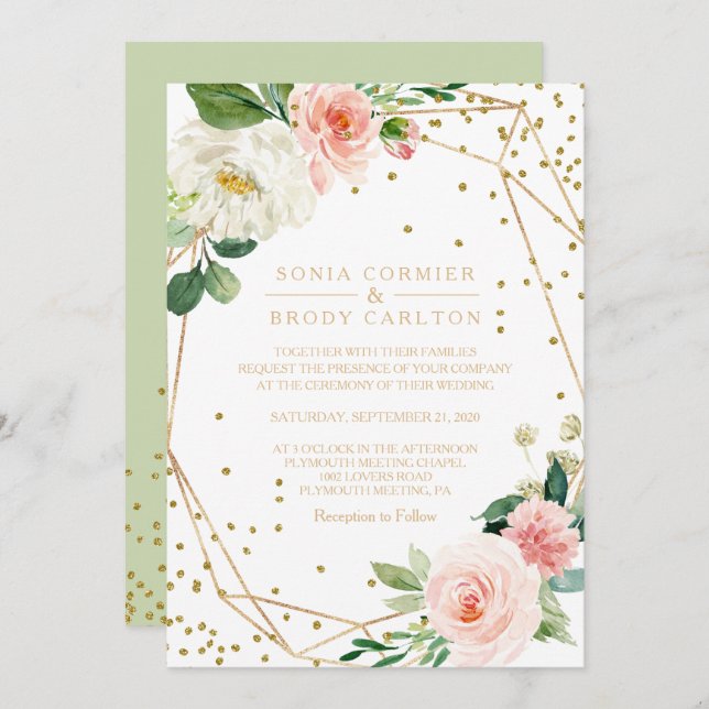 Invitación Verdor y Boda floral elegante geométrica de oro (Anverso / Reverso)