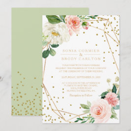 Invitación Verdor y Boda floral elegante geométrica de oro