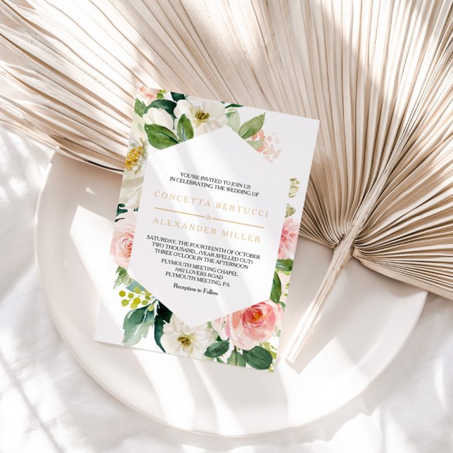 Invitación Verdor y boda floral elegante geométrica de oro (Subido por el creador)