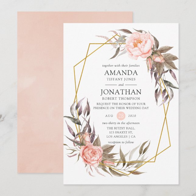 Invitación Verdor y Boda floral rosa Rubor (Anverso / Reverso)
