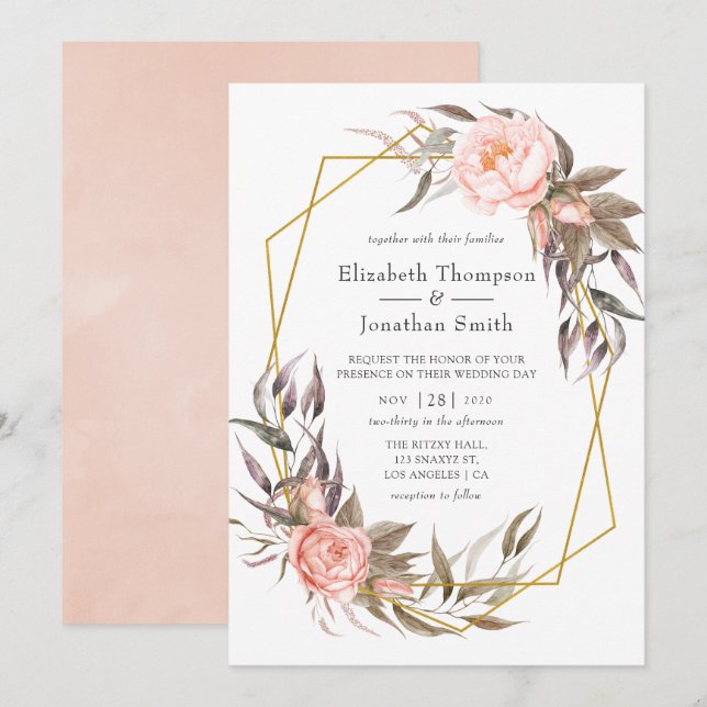 Invitación Verdor y Boda floral rosa Rubor (Anverso / Reverso)