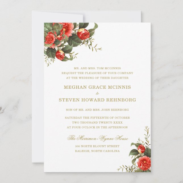 Invitación Verdor y Boda pintado de rojos florals (Anverso)