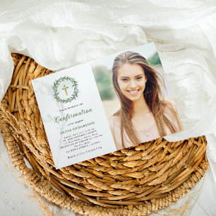 Invitación Verdor y cruz de oro   Confirmación de la foto