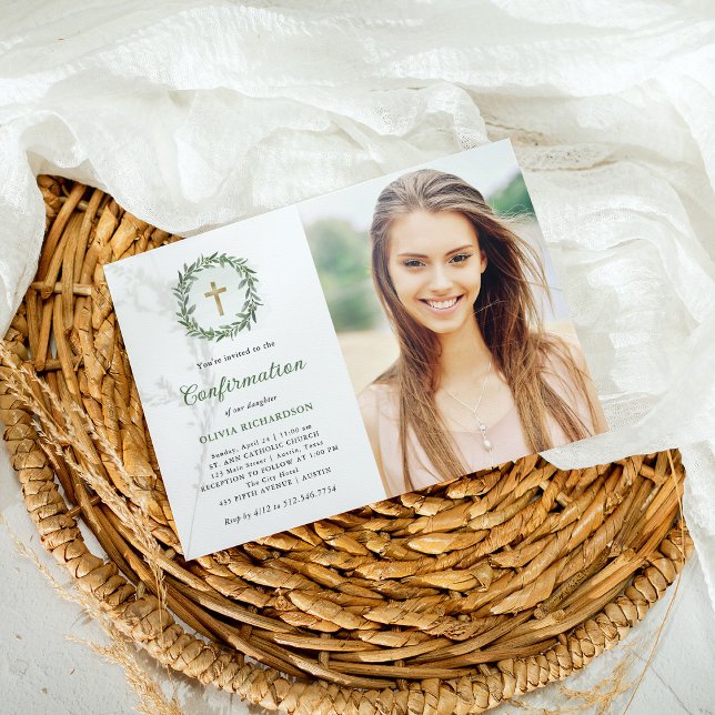 Invitación Verdor y cruz de oro | Confirmación de la foto (Subido por el creador)