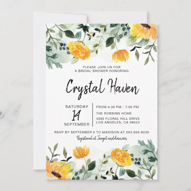 Invitación Verdor y ducha de novia floral amarilla (Anverso)