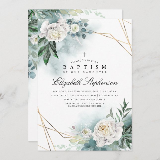 Invitación Verdor y flores blancas Bautismo moderno elegante (Anverso / Reverso)