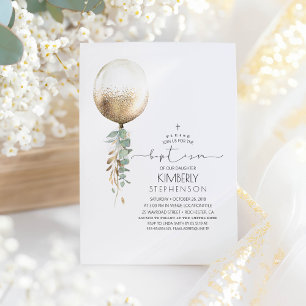 Invitación Verdor y globo Purpurina dorado Bautismo elegante