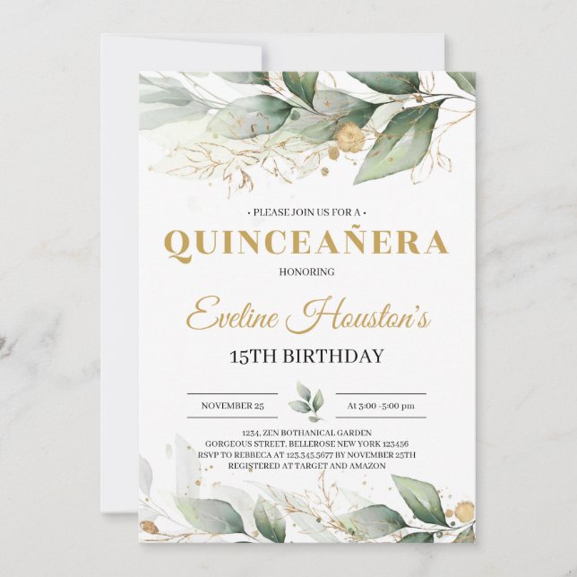 Invitación Verdor y hojas de oro eucalipto quinceanera (Anverso)