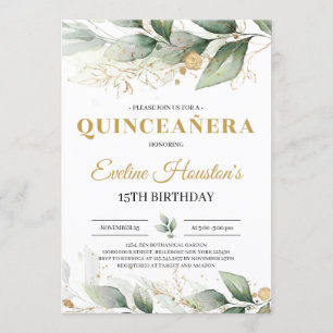 Invitación Verdor y hojas de oro eucalipto quinceanera