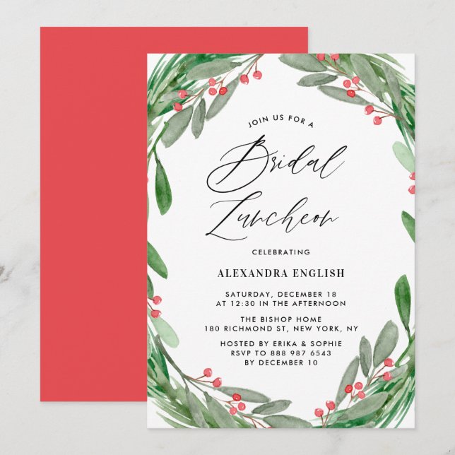 Invitación Verdor y Holly Wreath Winter Bridal Luncheon (Anverso / Reverso)