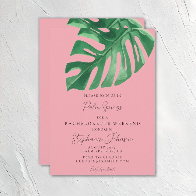 Invitación Verdor y Monstera Bachelorette tropical rosa (Subido por el creador)