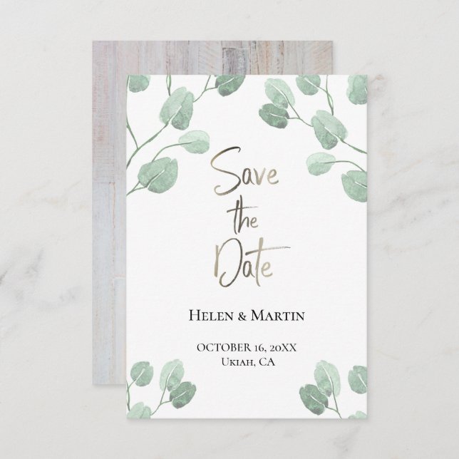 Invitación verdura rústica de eucalipto para guardar la fecha (Anverso / Reverso)
