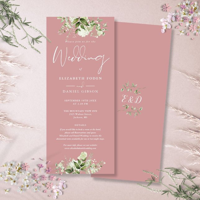 Invitación Verenery Floral Details Dusty Rosa Boda (Greenery Floral Details Dusty Rose Wedding Invitation)