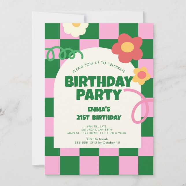 Invitación Verificador rosa verde retro Fiesta de cumpleaños  (Anverso)