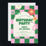 Invitación Verificador rosa verde retro Fiesta de cumpleaños<br><div class="desc">Fiesta de cumpleaños del patrón del verificador rosa verde retro</div>