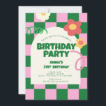 Invitación Verificador rosa verde retro Fiesta de cumpleaños<br><div class="desc">Fiesta de cumpleaños del patrón del verificador rosa verde retro</div>