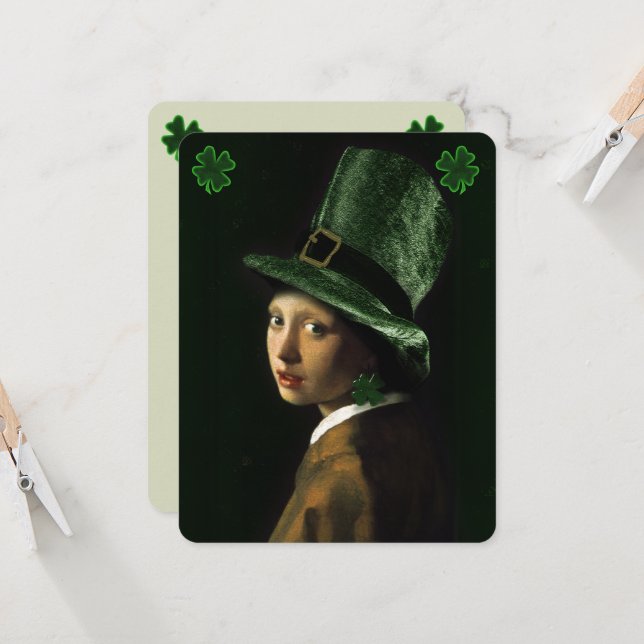 Invitación Vermeer Pearl Earring Clover St Patrick's Day (Anverso/Reverso In Situ)