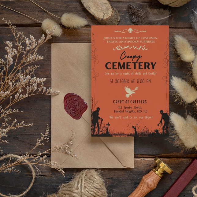 Invitación Vermilion de cementerio espeluznante con acento de (Creepy Cemetery Vermilion with Dark Vanilla Accent Invitation Cover from The Beekeeper Store)