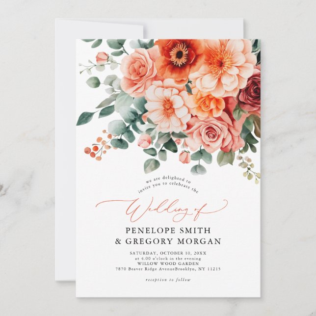Invitación Verona Sunset Bright Naranja Boda floral moderno (Anverso)