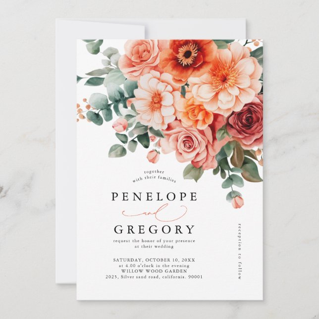Invitación Verona Sunset Bright Naranja Boda floral moderno (Anverso)