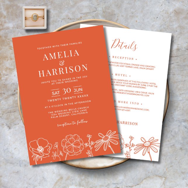 Invitación Verona Sunset Floral Todo En Una Elegante Boda (Verona Sunset Floral All In One Elegant Wedding Invitation with Details, RSVP, Reception, Hotel)