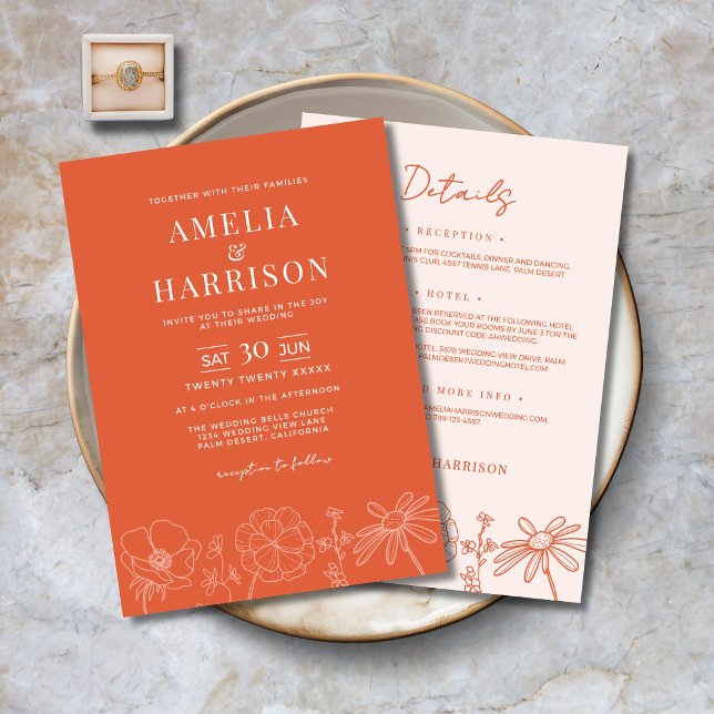 Invitación Verona Sunset Naranja Todo En Un Boda Floral (Verona Sunset Orange All-In-One Floral Wedding Invitation with Line Art, Details on the Back.)