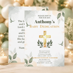 Invitación Verso de dedicación de bebé con cruz de acuarela d