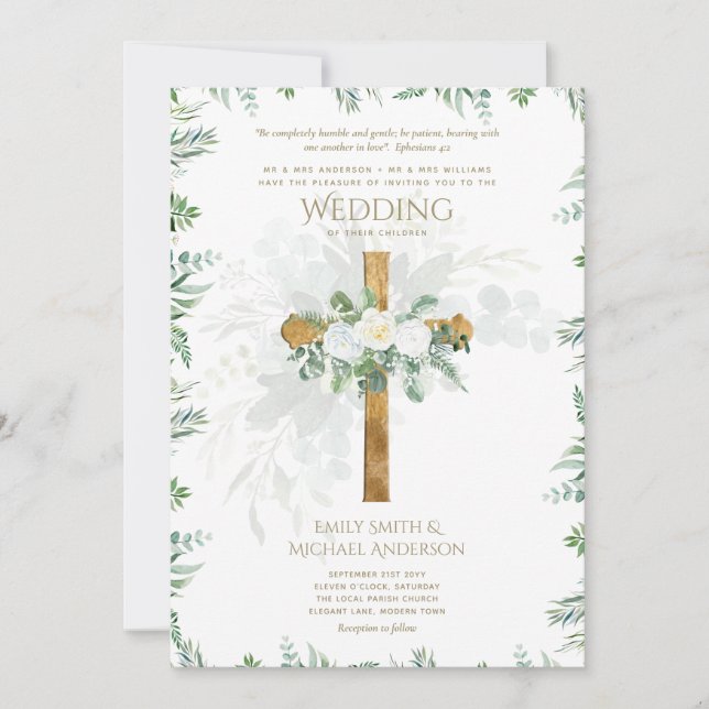 Invitación Verso de la biblia cristiana Boda verde de rosas b (Anverso)