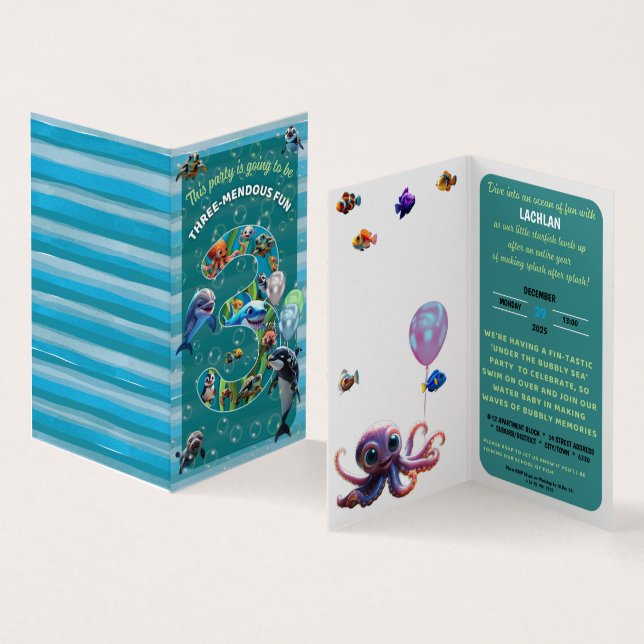 Invitación vertical de cumpleaños de tres Fiestas (Interior y exterior)