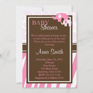 Invitación vertical de elefante rosa Baby Shower