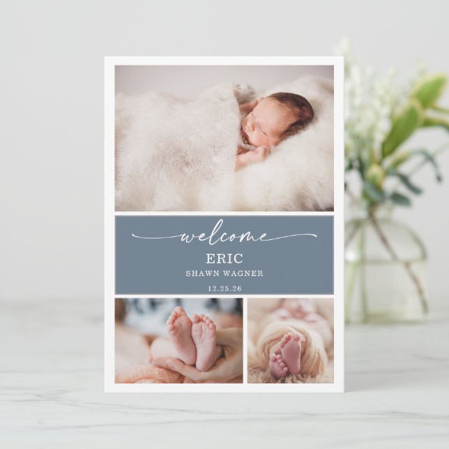 Invitación  Vertical Slate Blue Photo Baby Announcement Card (Anverso de pie)