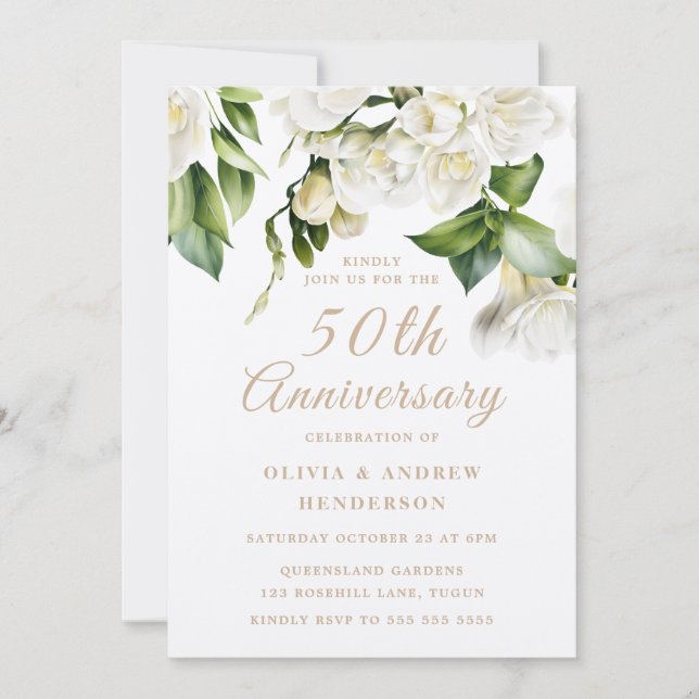 Invitación Vertiginosa dorada floral blanca 50 años Boda (Anverso)
