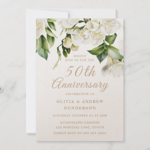 Invitación Vertiginosa dorada floral blanca 50 años Boda