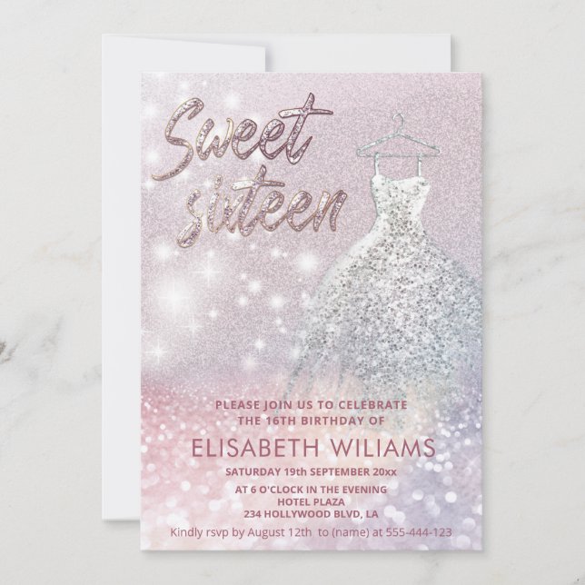 Invitación Vestido adorable encanto brillante purpurinoso osc (Anverso)