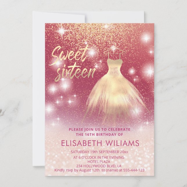 Invitación Vestido adorable encanto rosa oro purpurinoso somb (Anverso)