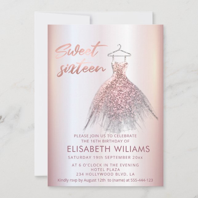 Invitación Vestido adorable encanto rosa oro purpurinoso somb (Anverso)